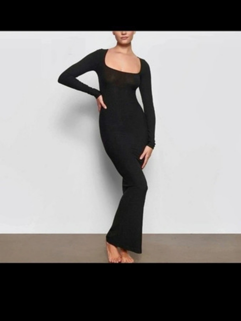 SKIMS Smooth Layers Square Neck Long Sleeve Midi Dress Black Small